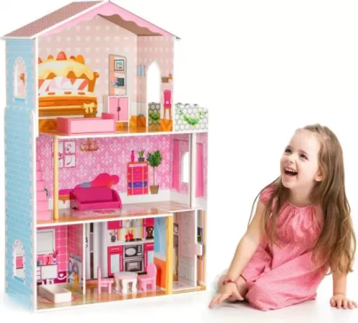 Casuta de papusi din lemn cu mobilier, 3 etaje, 5 camere, CUB8125 - imagine 2