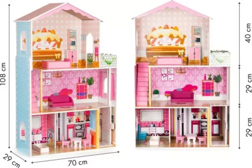 Casuta de papusi din lemn cu mobilier, 3 etaje, 5 camere, CUB8125 - imagine 3