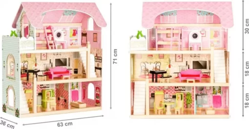 Casuta de papusi din lemn cu mobilier, 3 etaje, 5 camere, CUB4110 - imagine 3