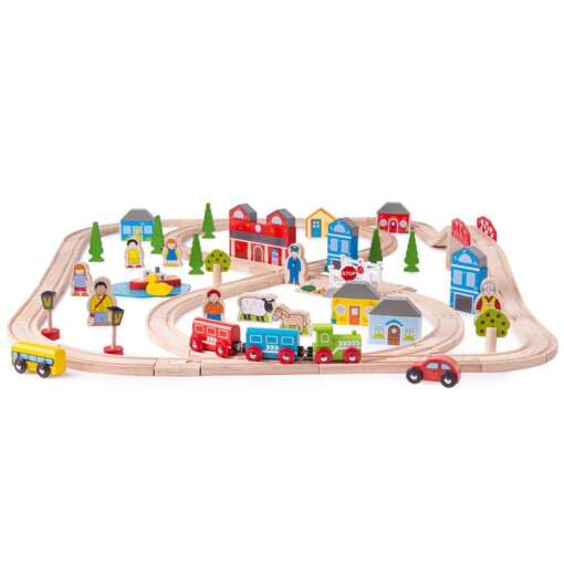 Circuit auto si feroviar (87 piese), BIGJIGS Toys, BJT015, 691621090152