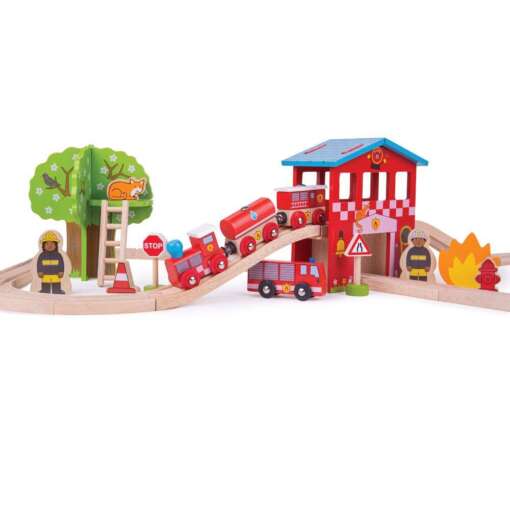 Set cu trenuletul pompierilor, BIGJIGS Toys, BJT037, 691621090374 - imagine 3
