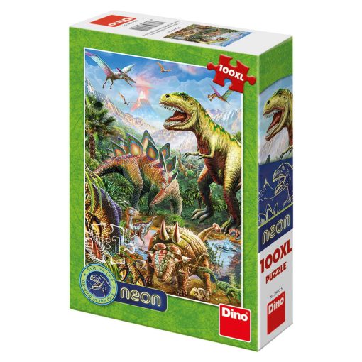 Puzzle XL - Lumea dinozaurilor neon (100 piese), Dino, 394155, 8590878394155