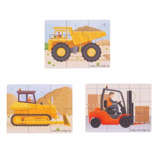 Set 3 puzzle din lemn - Vehicule pentru constructii, BIGJIGS Toys, BJ817, 691621198179 - imagine 2