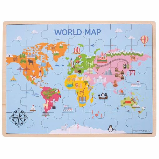 Puzzle din lemn - Harta lumii (35 piese), BIGJIGS Toys, BJ098, 691621190982