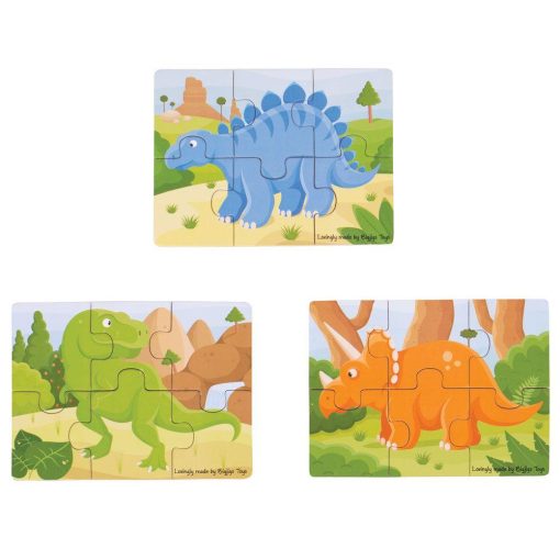Set 3 puzzle din lemn - Dinozauri, BIGJIGS Toys, BJ816, 691621198162
