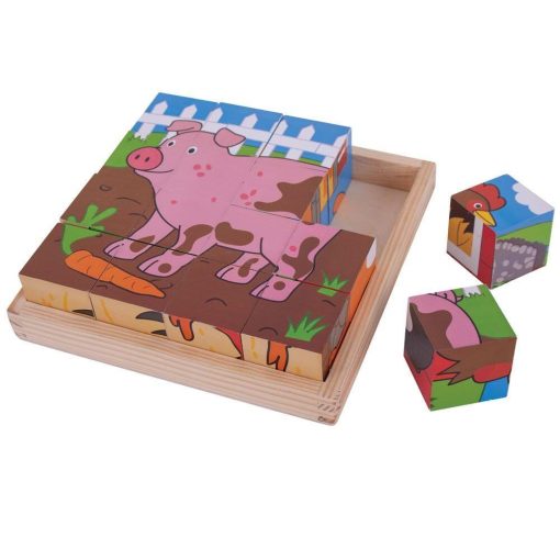 Puzzle cubic - Animalute de la ferma, BIGJIGS Toys, BJ798, 691621537985 - imagine 2